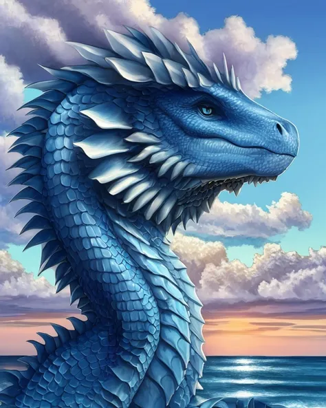 portrait painting of an adult blue dragon, extra detailed scales, frilled neck, ocean with fluffy clouds at sunrise in the backg...