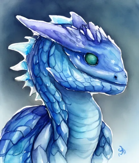 watercolor portrait of a cute blue dragon hatchling