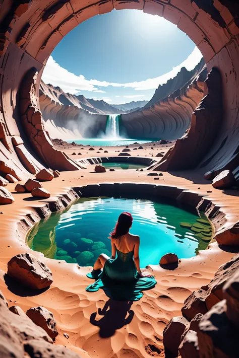 a woman sitting in a pool of water in a desert