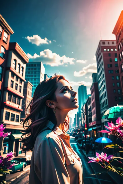 a woman standing in the middle of a city with flowers