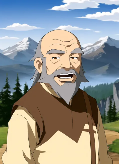 the last airbender <lora:the_last_airbender_offset:1> 1boy, male focus, solo, day, sky, facial hair, beard, grey hair, cloud, open mouth, mountain, outdoors, upper body, bald, old, brown eyes, blue sky, old man