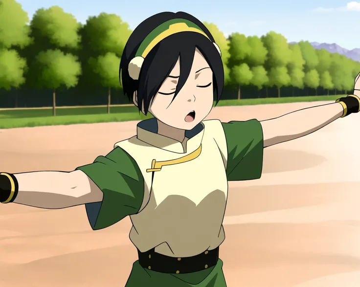 the last airbender <lora:the_last_airbender_offset:1.2> , best quality, masterpiece,  1girl, solo, closed eyes, black hair, hairband, open mouth, hair between eyes, short hair, upper body, outdoors, :o, bangs