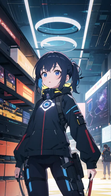 a woman in a black jacket standing in a futuristic city