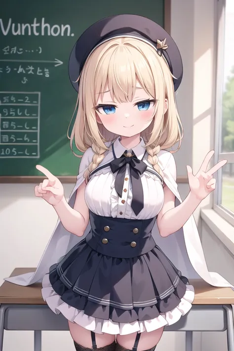 anime girl in uniform standing in front of a blackboard