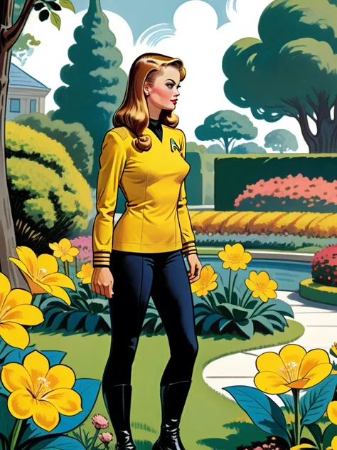 yellow stsnwunf uniform,illustration by jack kirby ,woman admiring a flower in a garden,black pants<lora:DSSNWXL:0.75>