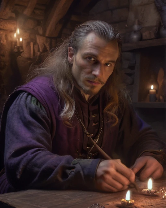 arafed man in a purple robe lighting candles on a table