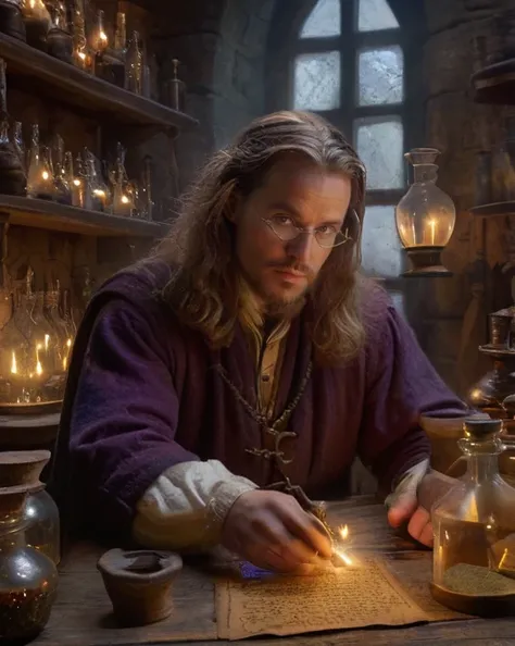 arafed man in a purple robe sitting at a table with a lit candle