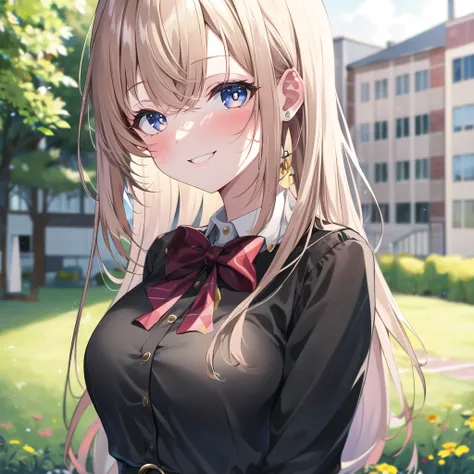 high quality, best quality, masterpiece, absurdres, 1girl, school yard, sunny, smile, looking_at_viewer, blush