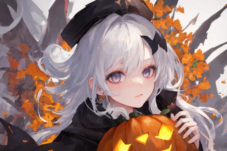 masterpice, (best quality), ((best detailed)), depth of field, a beautiful girl, a beautiful face, white hair, whitch, whitch hat, colorful eyes, pumpkin, gothic cloth, hallowin, dynamic angle