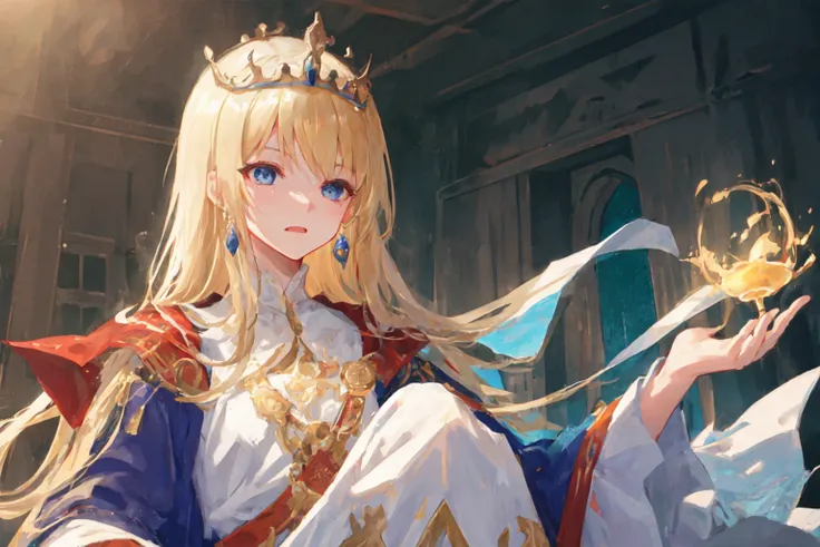 masterpice, (best quality), ((best detailed)), depth of field, a beautiful girl, beautiful face, golden blonde, rage face, blue eyes, tiara, pure white dress, focus on camera, body covered dress, in kingdom, indoor, an enthronement ceremony, a banquet,