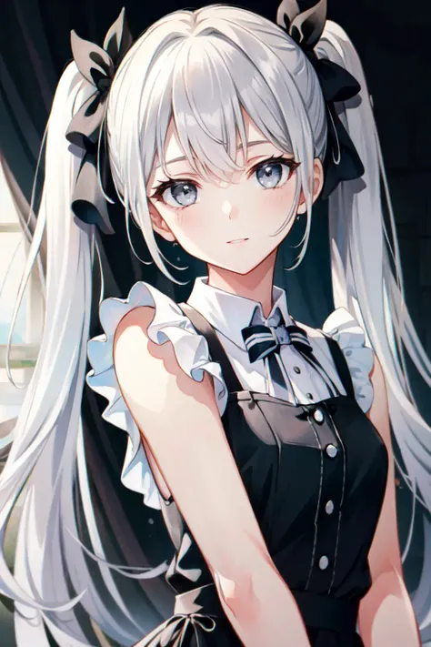 anime girl with long white hair and black dress