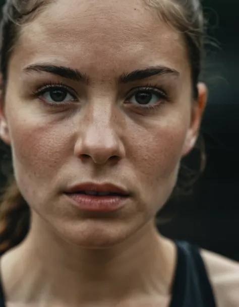 A photo of a (focused athlete:1.3), (intensity in her eyes:1.2), (red boxing gloves:1.1), determined expression, (sweat-glistened skin:1.1), dark gym backdrop, (raw determination:1.2), close-up, ambient gym lighting, shallow depth of field, Nikon D850, 1/1...