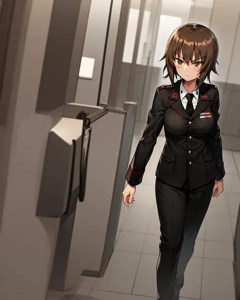 masterpiece,best quality, 1girl,solo,girls und panzer, nishizumi maho,
brown hair, brown eyes, short hair,black_suit, white shirt, necktie,
serious,
military base,
<lora:Nishizumi Maho:0.7>