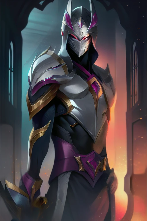 lolsplashart, zed (league of legends), galaxy slayer zed, solo, 1boy, holding, upper body, weapon, male focus, holding shuriken, dark aura, ominous shadow,  armor, glowing, helmet, face mask, glowing blue eyes, light rays, light, at night, full moon, east ...