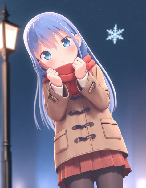 anime girl in winter clothes standing next to a street light