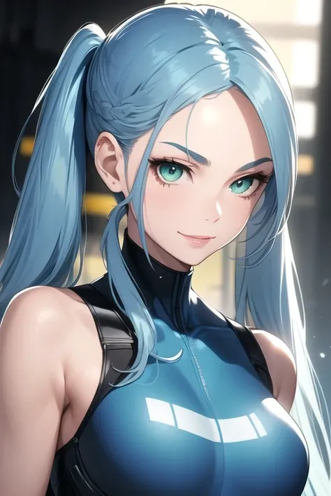 (masterpiece, best quality), intricate details, thin, ((slim)), beautiful girl, perfect face, expressive eyes, blue hair, twintail, white skin, green eyes, sharp jawline, bodysuit, messy hair, plump lips, upper body, smile, closed mouth, tech mechanic back...