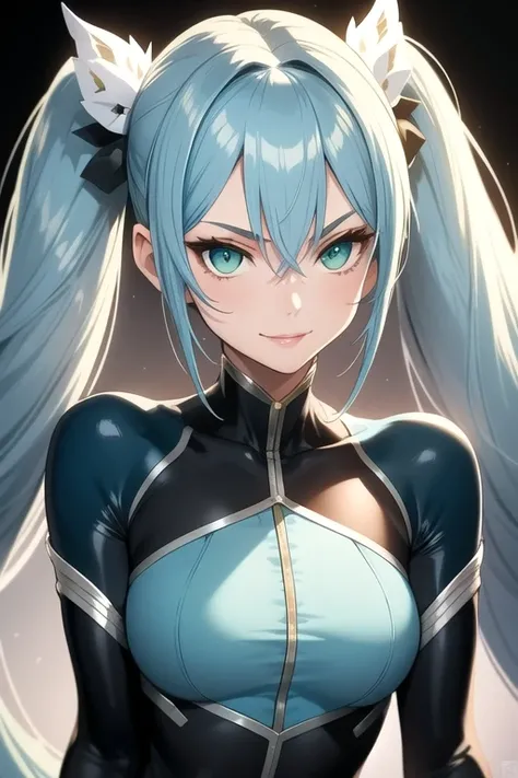 (masterpiece, best quality), intricate details, thin, ((slim)), beautiful girl, perfect face, expressive eyes, blue hair, twintail, white skin, green eyes, sharp jawline, bodysuit, messy hair, plump lips, upper body, smile, closed mouth, black background