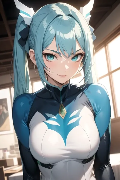 (masterpiece, best quality), intricate details, thin, ((slim)), beautiful girl, perfect face, expressive eyes, blue hair, twintail, white skin, green eyes, sharp jawline, bodysuit, messy hair, plump lips, upper body, smile, closed mouth, tech background