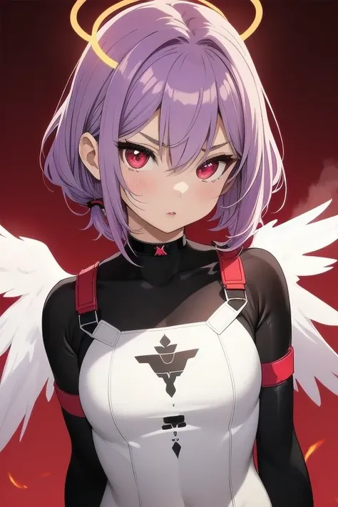 1girl, chibi, halo, sketch, halftone, short hair, purple hair, choker, angel wings, depth of field, (masterpiece, best quality), intricate details, thin, ((slim)), beautiful girl, perfect face, expressive eyes, twintail, white skin, red eyes, sharp jawline...