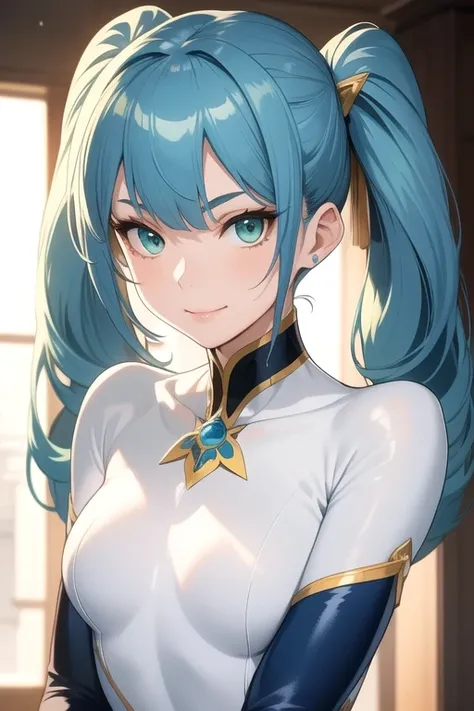 (masterpiece, best quality), intricate details, thin, ((slim)), beautiful girl, perfect face, expressive eyes, blue hair, twintail, white skin, green eyes, sharp jawline, bodysuit, messy hair, plump lips, upper body, smile, closed mouth,