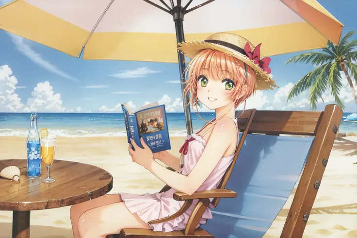 anime girl sitting in a chair reading a book on the beach