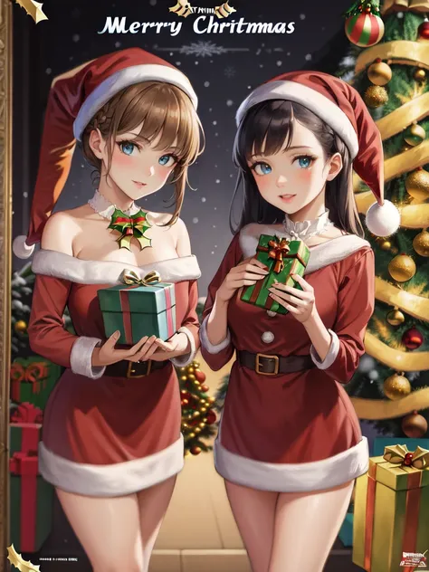 two anime girls in santa hats holding presents in front of a christmas tree