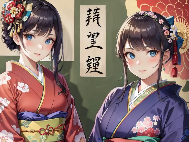 anime characters in kimono garbs standing next to each other