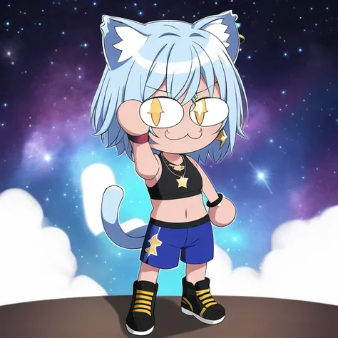 masterpiece, best quality, 1girl, full body, :3, cat ears, chibi, cat girl, cat tail, solo, slit pupils pose, smug, dark skin, light blue hair, medium hair, blue sports bra, midriff, dark blue shorts, glasses, brown eyes, little antlers, star jewelry, earr...