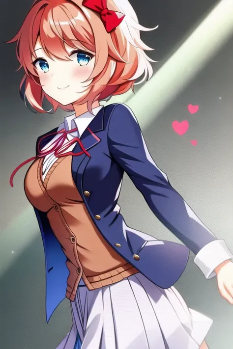 1girl, sayoriddlc ,solo, skirt, smile, bow, hair bow, blue eyes, short hair, school uniform, blue skirt, pink hair, jacket, look...