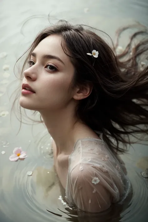 arafed woman in a body of water with flowers in her hair