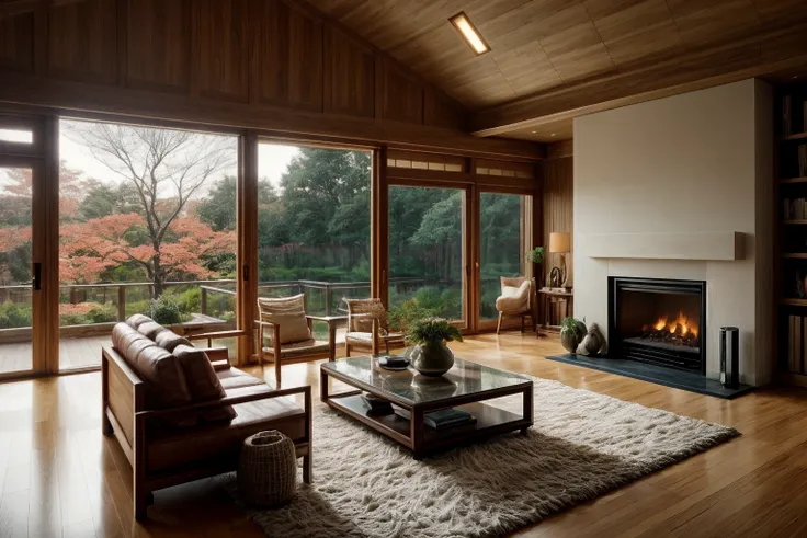 arafed living room with a fireplace and a large window