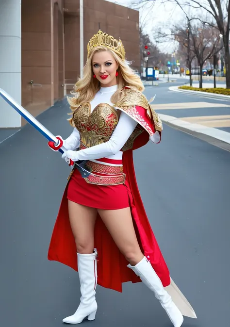 a woman dressed in a costume and holding a sword in a street