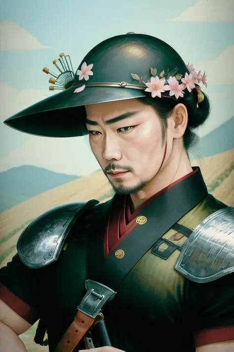 tsuruta ichiro,updo hair, hair ornament, flower petals,pastel color, 
(4k, best quality, highres:1.1), (masterpiece:1.1), man, (Chinese male:1.2), middle-aged, warrior, detailed eyes, facial hair, muscular, strong, brave, courageous, powerful, honorable, d...