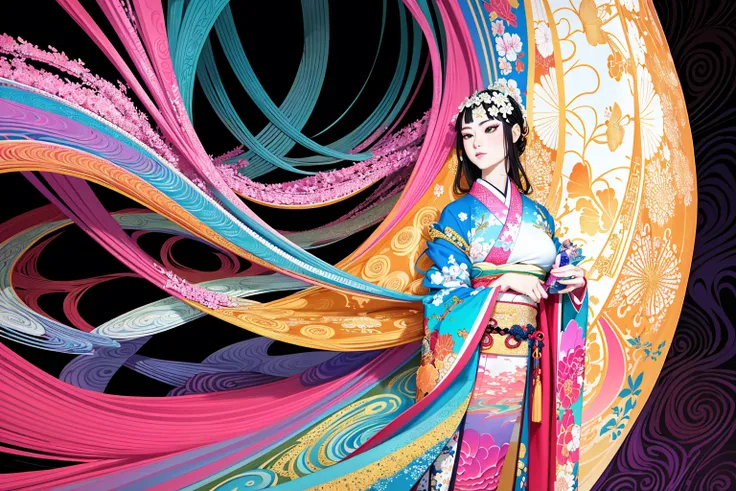 ichiro, (masterpiece, top quality, best quality, official art, beautiful and aesthetic:1.2), (1girl:1.3), extremely detailed,(fractal art:1.2),colorful,highest detailed,(zentangle:1.2), (dynamic pose), (abstract background:1.5), (hanfu|kimono:1.2), (shiny ...