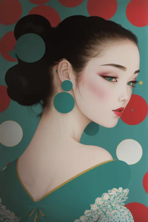 tsuruta ichiro, 1girl, solo, floating hair, super long hair, white background, jewelry, green eyes, earrings, hair bun, aqua eyes, profile, makeup, single hair bun, polka dot, lipstick, crescent, red lips, polka dot background,<lora:ichirotest-06:0.85>