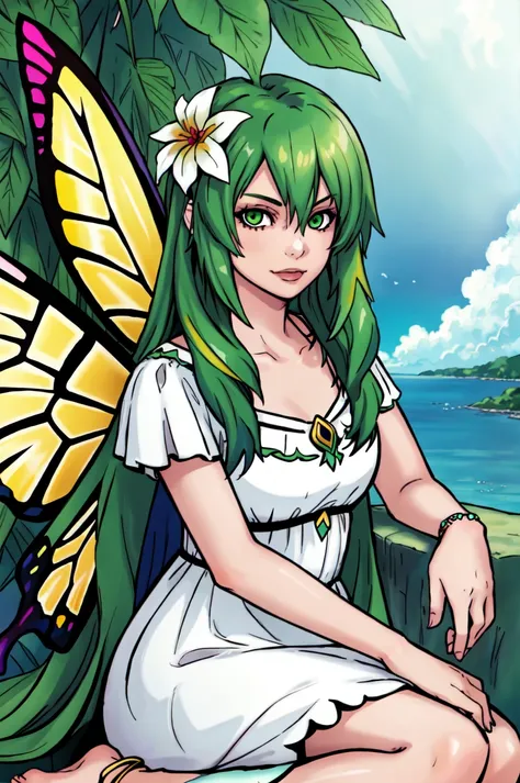 a cartoon picture of a woman with green hair and a butterfly wings