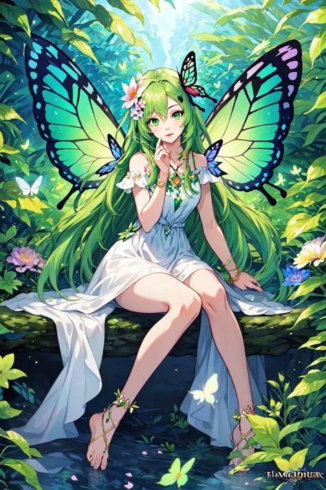 a woman with green hair and butterfly wings sitting on a tree branch