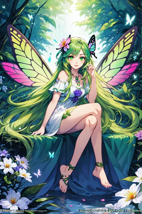 a girl with green hair and butterfly wings sitting on a rock