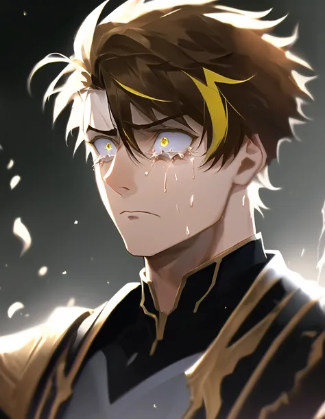 incredibly absurdres, 8k wallpaper, dynamic pose, looking at viewer, male character, 1boy, male focus, masculine, pointy hair, yellow streaked hair, (comb over:1.2), upset, tears, sad, (shaded face, shadows cast over face:1.3), dark brown eyes, constricted...