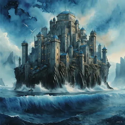 8k. highly detailed.

In the middle of the ocean, blue an vast, is a head with a city on top of it.

Fantasy style. Dreamlike fantasy art. soft watercolor.

hyperrealistic.

<lora:RMSDXL_Enhance:0.45>
<lora:add-detail-xl:0.8>
<lora:MJ56:0.3>
<lora:The_Dark...