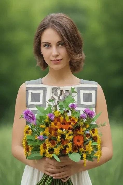 a close up of a woman holding a bouquet of flowers