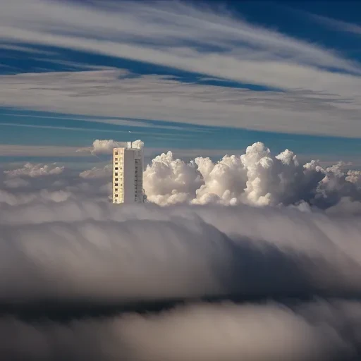 clouds are covering the city skyline and a tall building in the distance