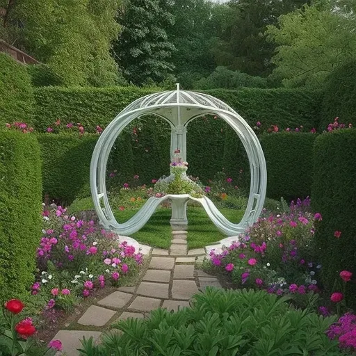 there is a white arch in the middle of a garden