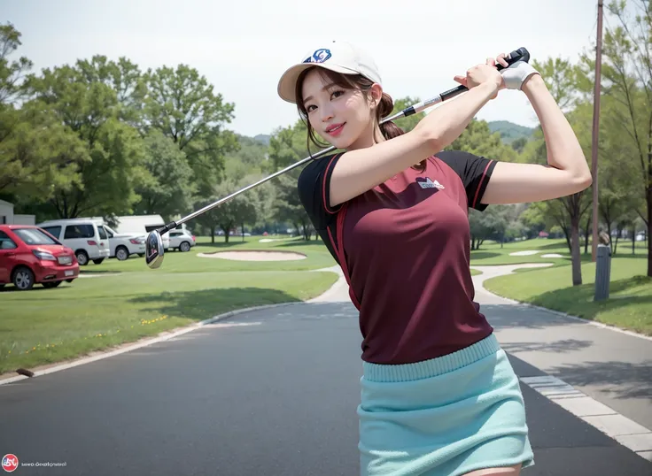 arafed woman in a red shirt and blue skirt swinging a golf club