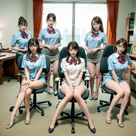 araffes in uniform posing in a room with a desk and a chair