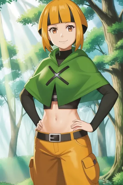 <lora:character_pokemon_gardenia_v1:0.5> forest, light rays, 1girl, character_pokemon_gardenia, solo, cowboy shot, looking at viewer, smile, closed mouth, hands on hips, poncho, cropped shirt, long sleeves, midriff, belt, shorts