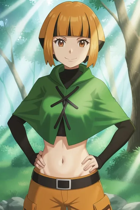 <lora:character_pokemon_gardenia_v1:0.5> forest, light rays, 1girl, character_pokemon_gardenia, solo, cowboy shot, looking at viewer, smile, closed mouth, hands on hips, poncho, cropped shirt, long sleeves, midriff, belt, shorts