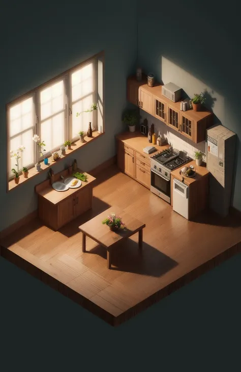 isometric render of the kitchen interior of a scary village house at dusk game art