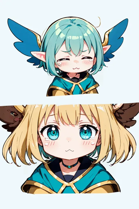 MegaKawaii EarthKawaii an anime girl with feather wings holding a ring, in the style of light turquoise and light gold, simplified and stylized portraits, undefined anatomy, goblin academia, detailed facial features, 2d game art, 15th century