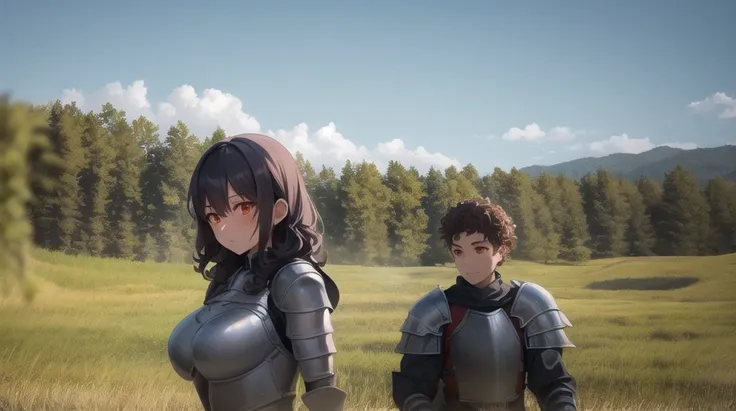 two anime characters in armor standing in a field